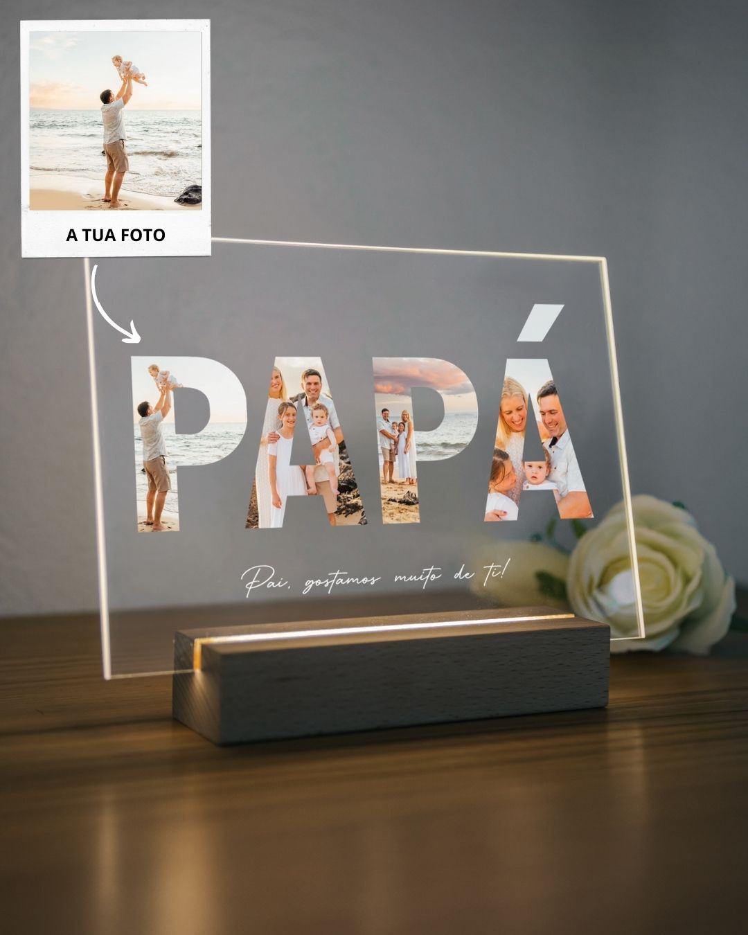 Placa de luz com a palavra PAPÁ preenchida por fotografias, presente para o Dia do Pai