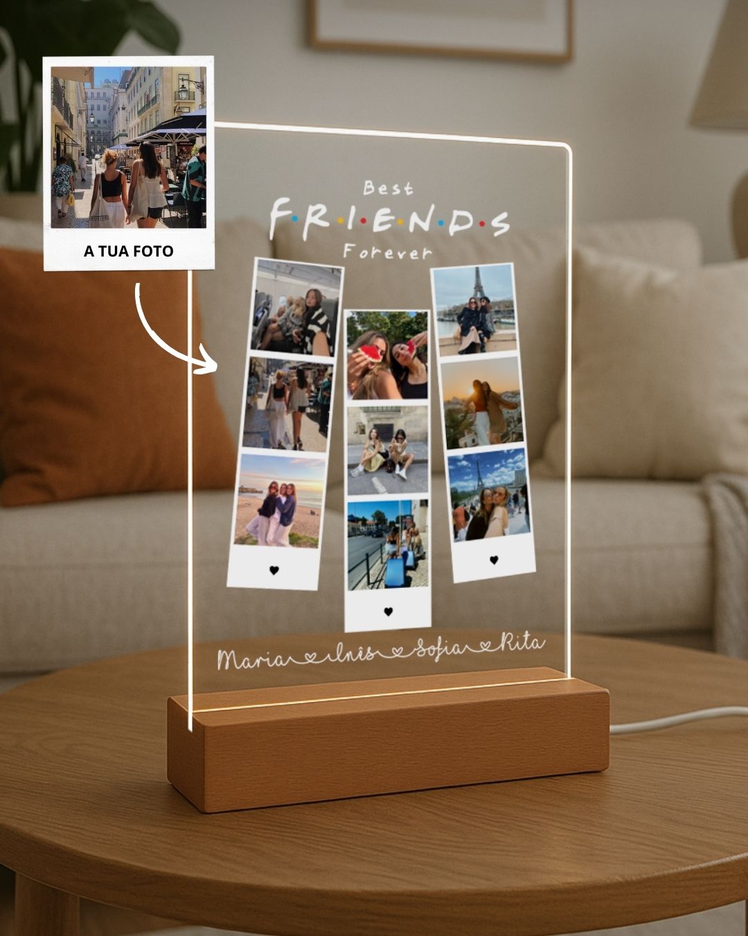 Placa de luz Best Friends Forever com fotografias polaroid do grupo de amigas