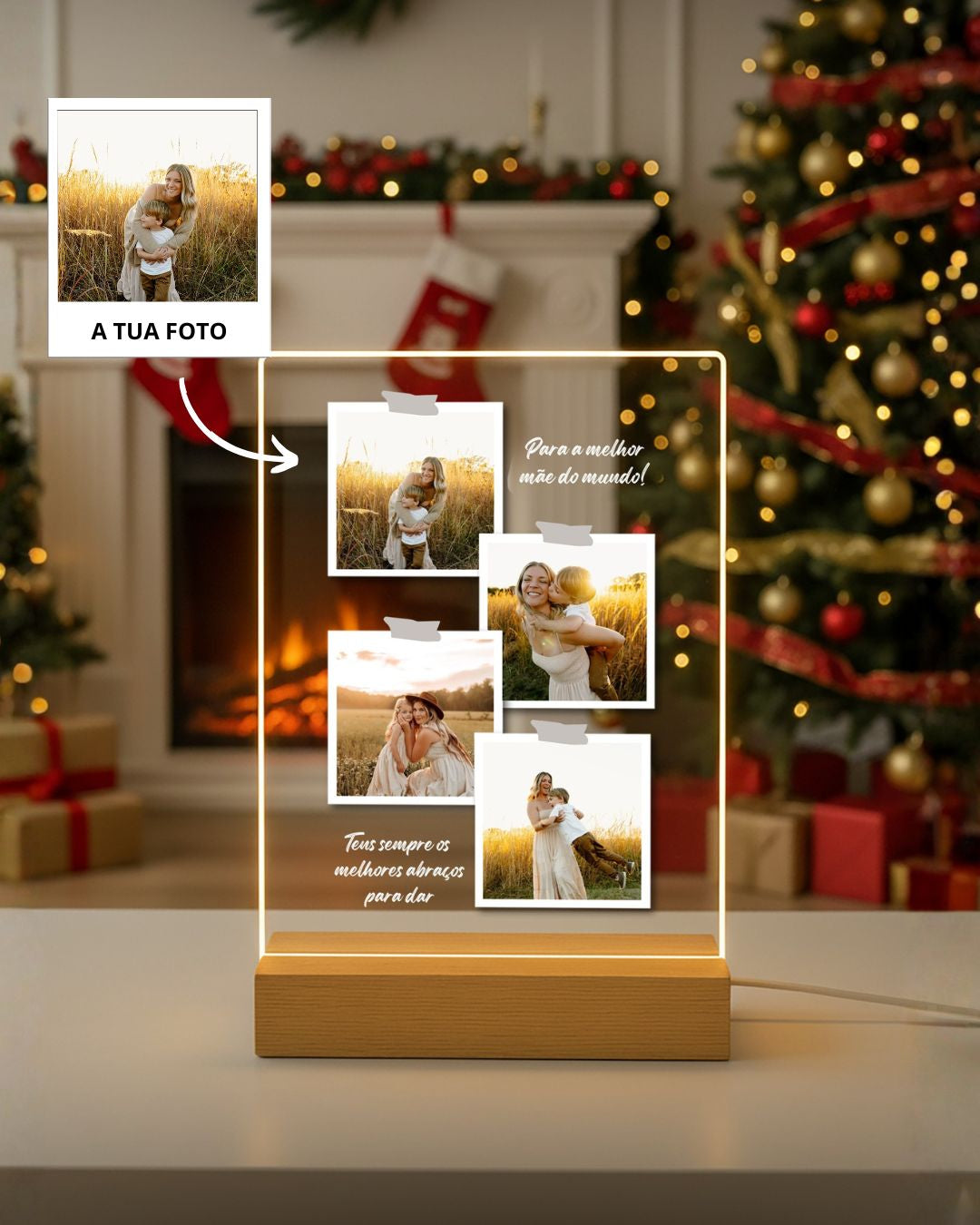 Placa de luz com 4 fotografias polaroid em cenário de Natal