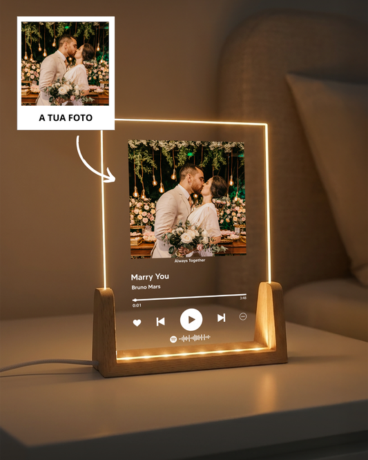 Placa de luz Spotify personalizada com fotografia do casal, ideia de prenda para namorado