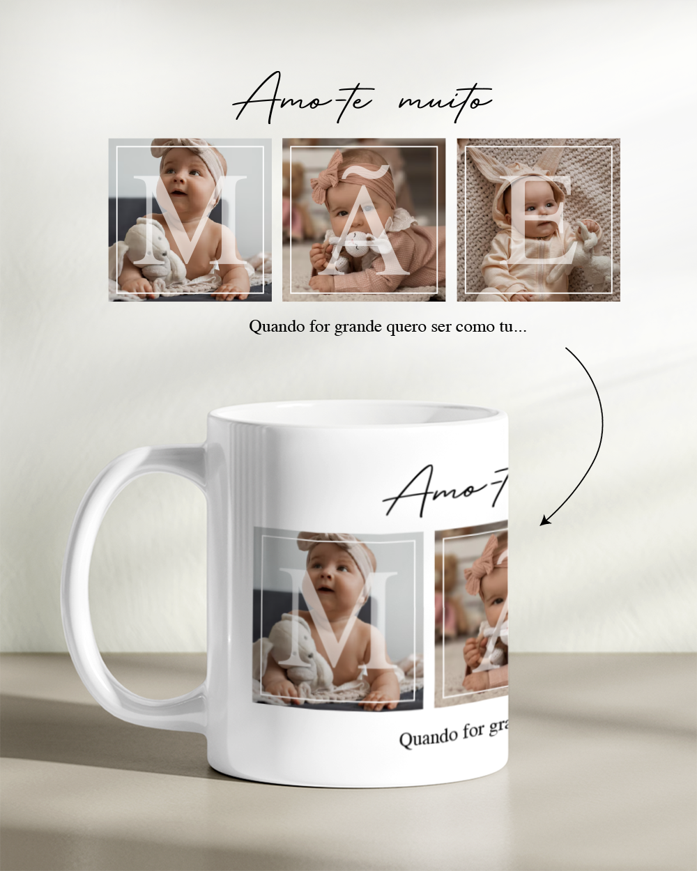 Caneca com as letras MÃE e uma fotografia do bebé em cada letra