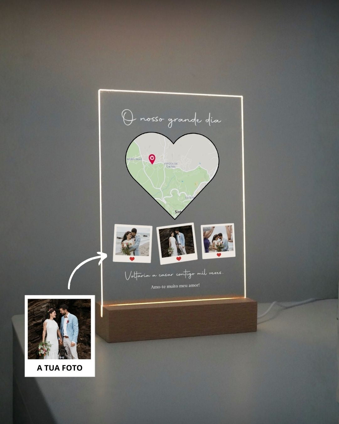 Lámpara Love Location c/ 3 Polaroids y Mapa Personalizado