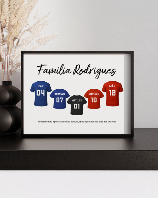 Quadro personalizado de família de futebol com camisolas, nomes e números da equipa
