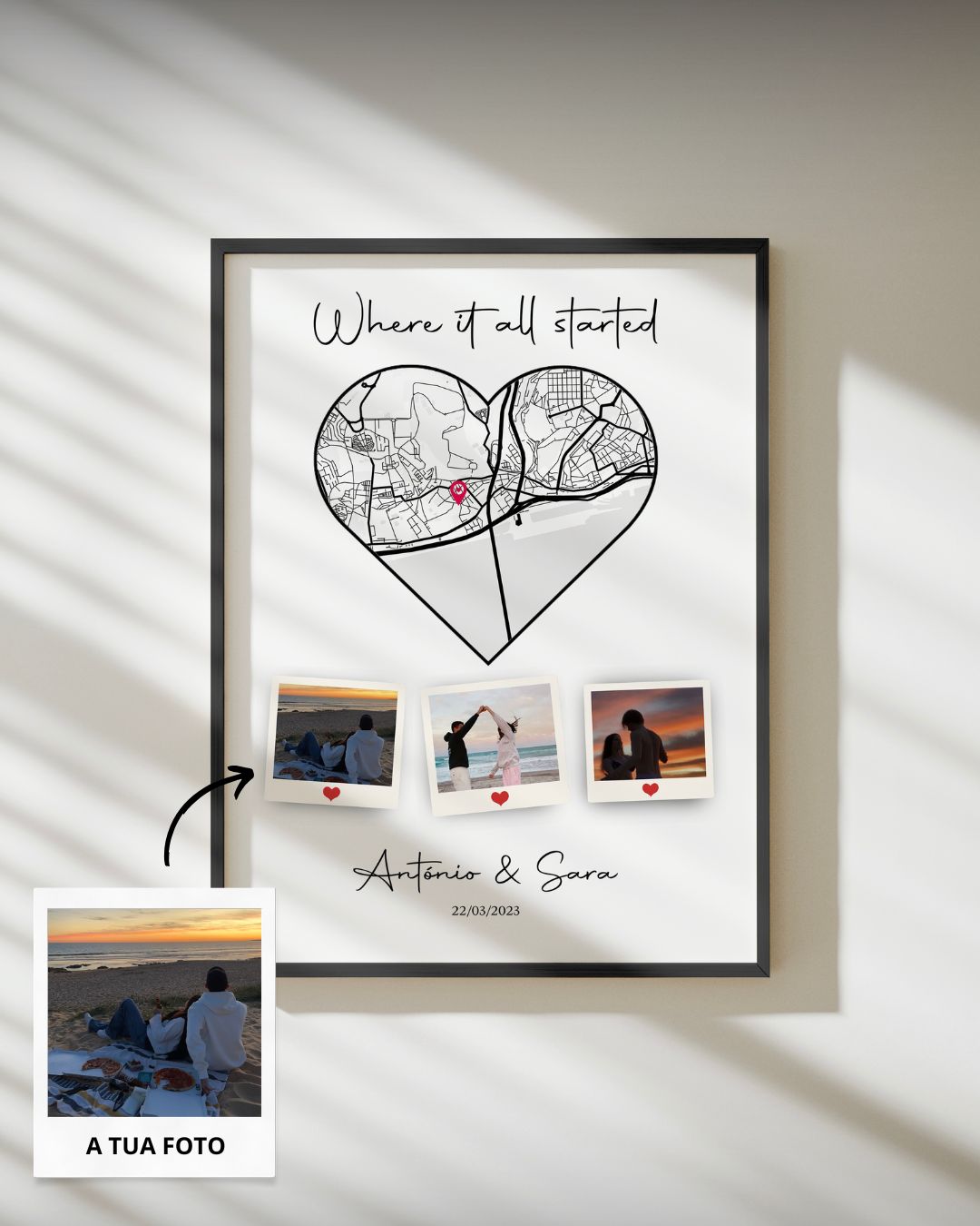 Cuadro Love Location con 3 Polaroids y Mapa Personalizado