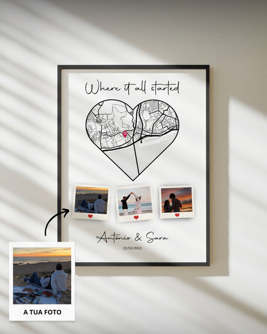Quadro Love Location c/ 3 Polaroids & Mapa Personalizado