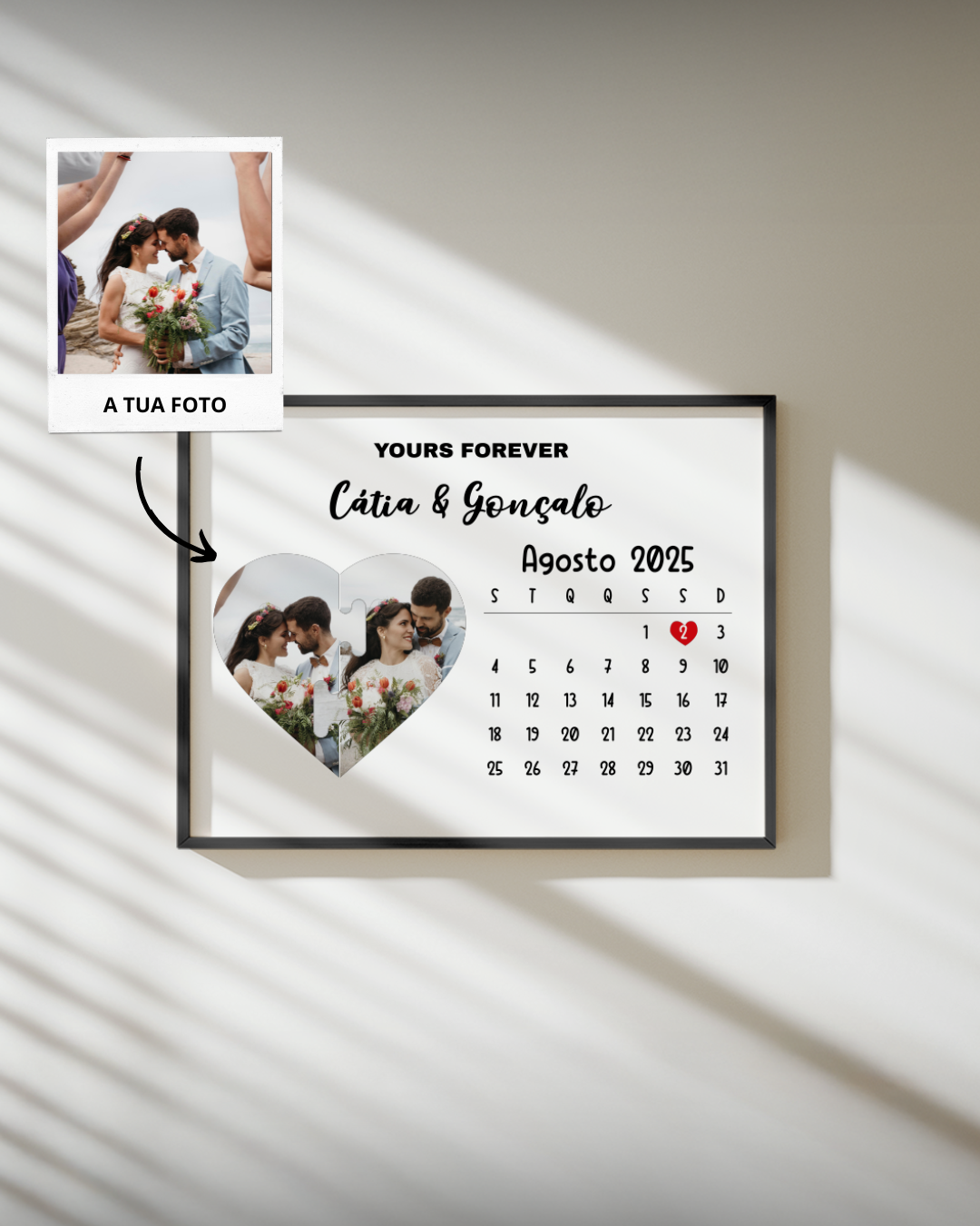 Quadro Heart Puzzle c/ Calendário Personalizado — presente para Namorados