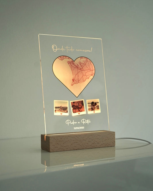 Placa Love Location - 3x Polaroids & Mapa Personalizado