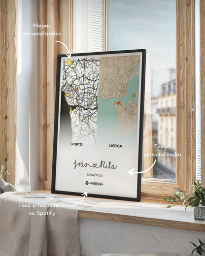 Custom Frame w/ 2 Maps - Long Distance Relationship