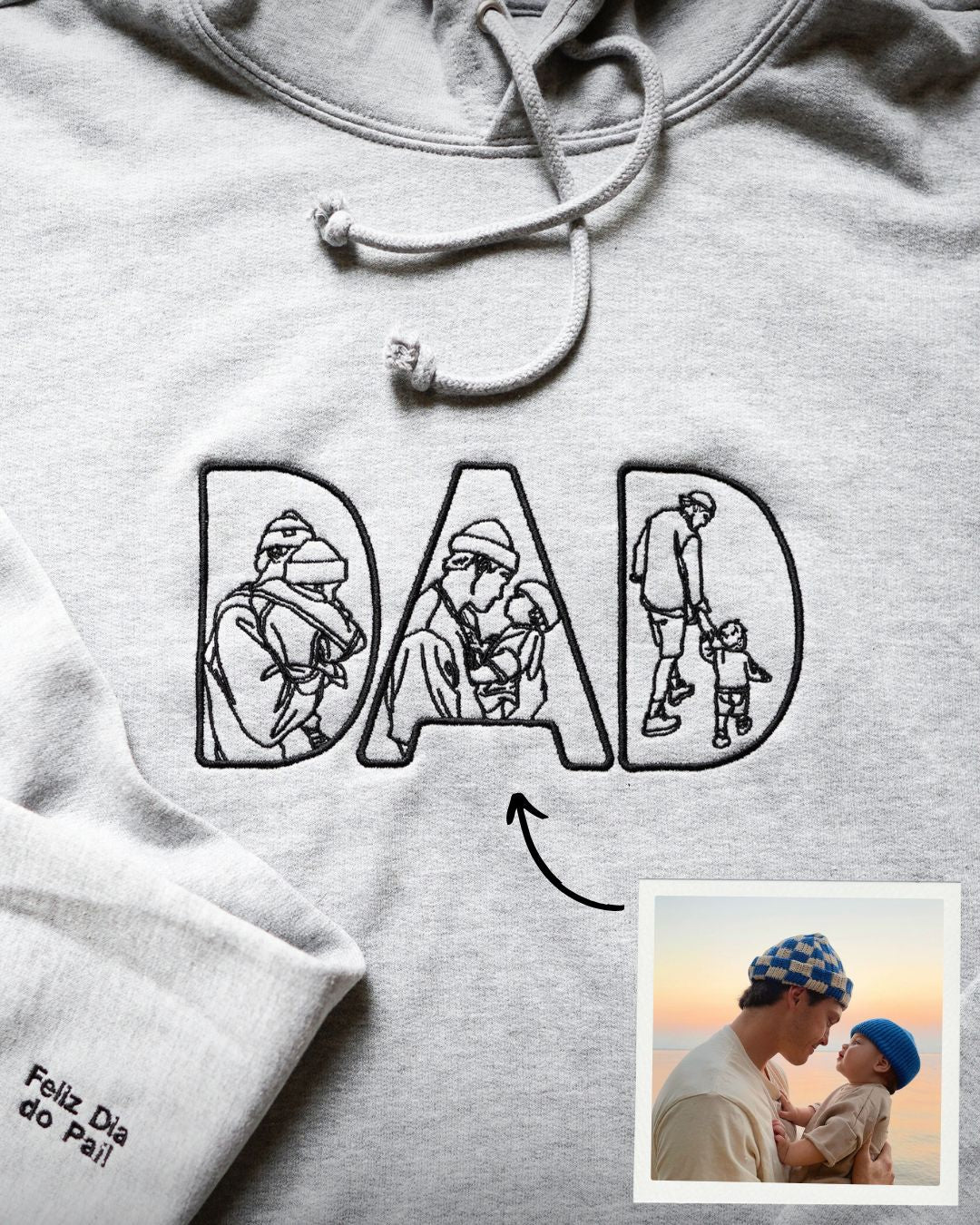 Hoodie "DAD" c/ 3 Retratos Line Art Personalizado