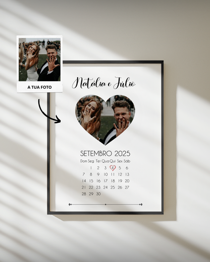 Quadro Calendário & Fotografia Personalizado — presente para Namorados