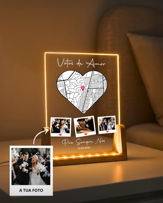 Placa Love Location c/ 3 Polaroids & Mapa Personalizado