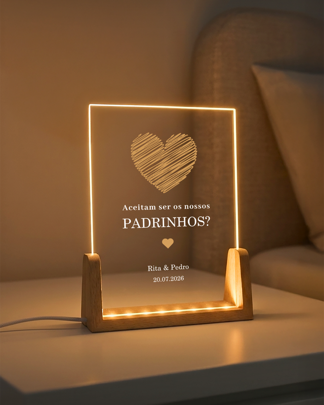 Placa de luz pedido de padrinhos de casamento com coração, nomes e data