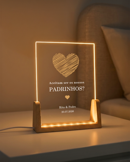 Placa de luz pedido de padrinhos de casamento com coração, nomes e data