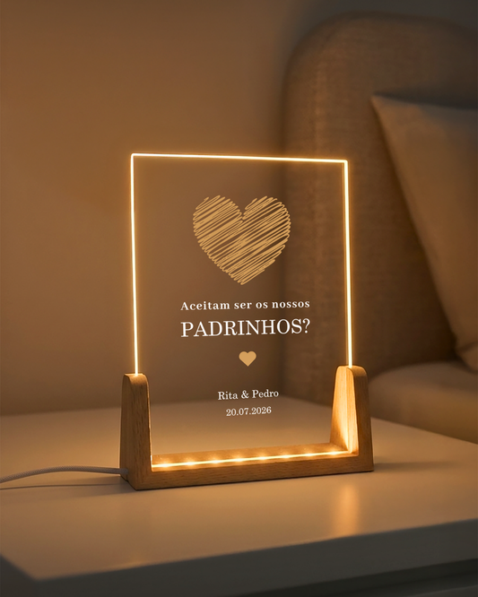 Placa de luz pedido de padrinhos de casamento com coração, nomes e data