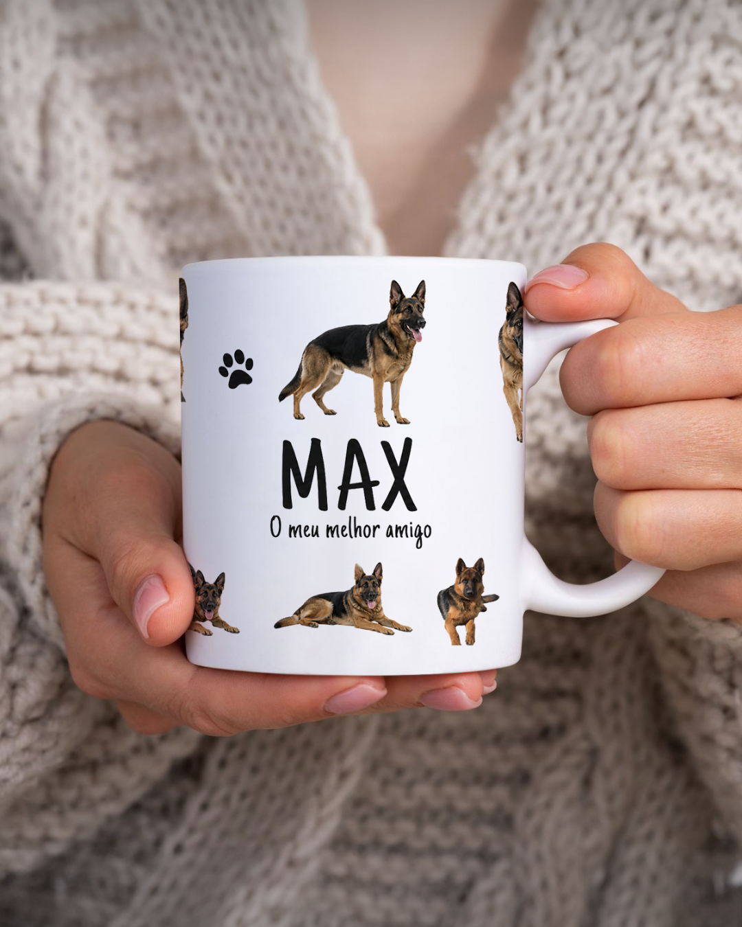 Caneca personalizada com stickers de pastor alemão e o nome Max