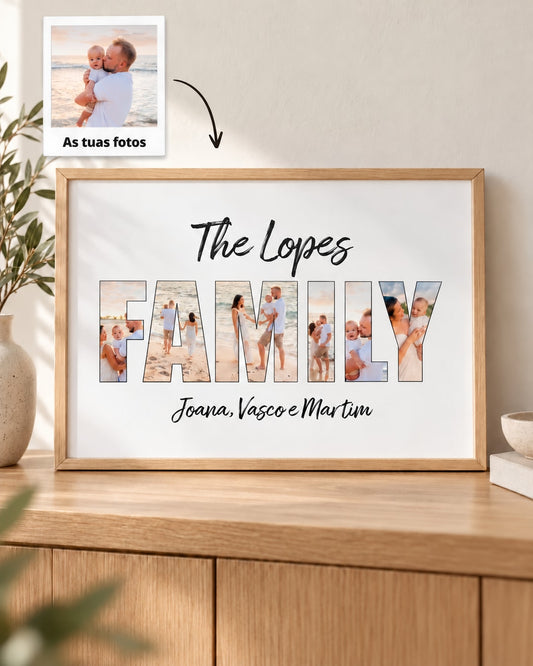 Quadro Family com seis fotografias de família em moldura de madeira, com Polaroid As tuas fotos e seta