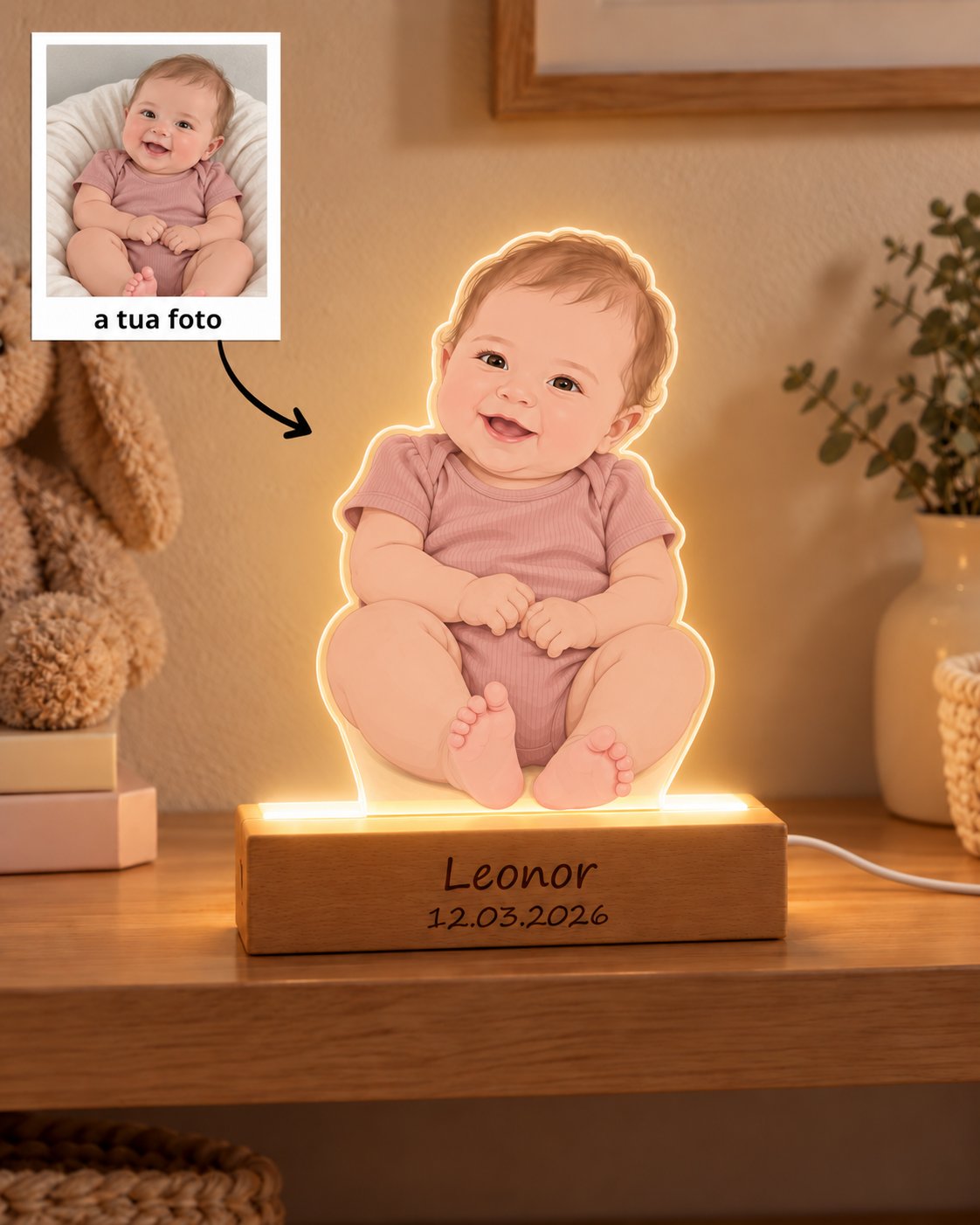 capa:bebes | Placa c/ Retrato Colorido Bebé Personalizado — presente para o nascimento
